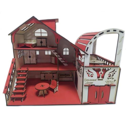 Домик кукольный №4 с большим гаражом Рубиновый Myland toys